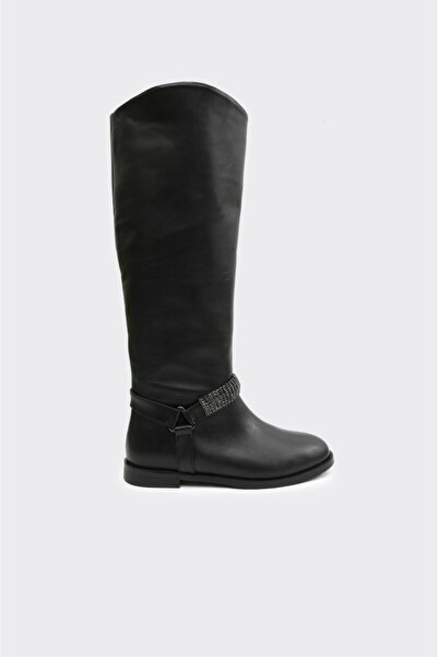 derinet Hakiki Deri Fermuarsız Taş Aksesuarlı Kadın Çizme