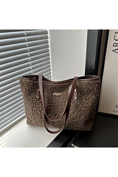 NeednStore Γυναικεία τσάντα ώμου από βελούδινο ύφασμα καφέ Teddy - Τσάντα Tote με επένδυση με λεπτομέρεια από μεταλλικό καρφί