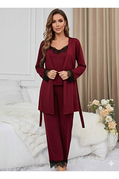 MİMİ PİJAMA طقم روب نسائي من 3 قطع بلون أحمر داكن مع تفاصيل من الدانتيل مصنوع...