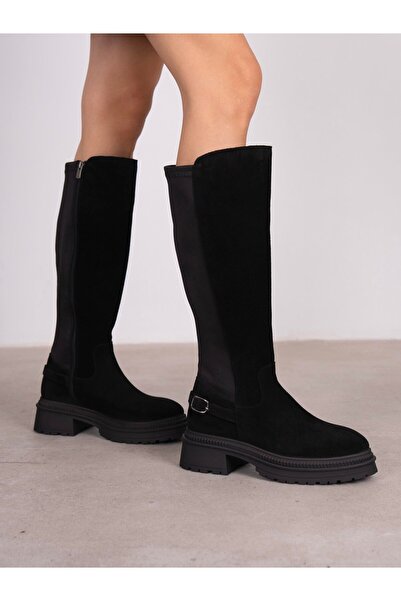 ECENİN BUTİĞİ Noraa Siyah Süet Hakiki Deri Kadın Çizme