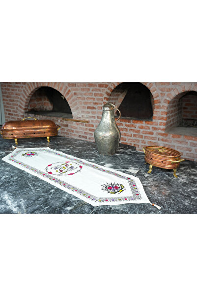 Komana Art Etnik Desenli El Boyama Püsküllü Runner – Doğal Pamuk, Dekoratif S...