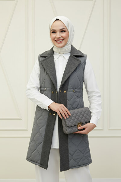 Modatuğsem Ara Boy Kapitone Kaşe Detaylı Yelek Gri