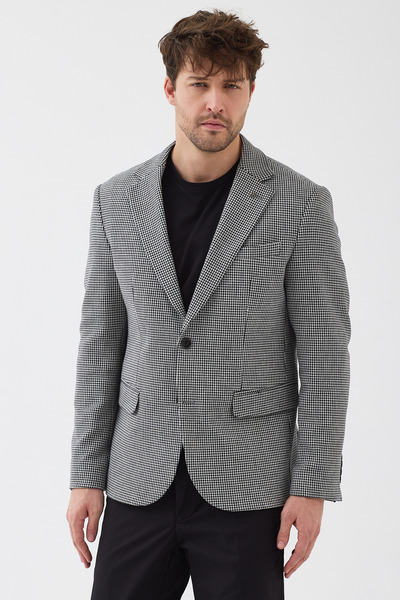 Frappoli Sarino Men's Black-Grey Cotton Blend Stretch Houndstooth Patterned Slim Fit Sports Blazer Jacket
