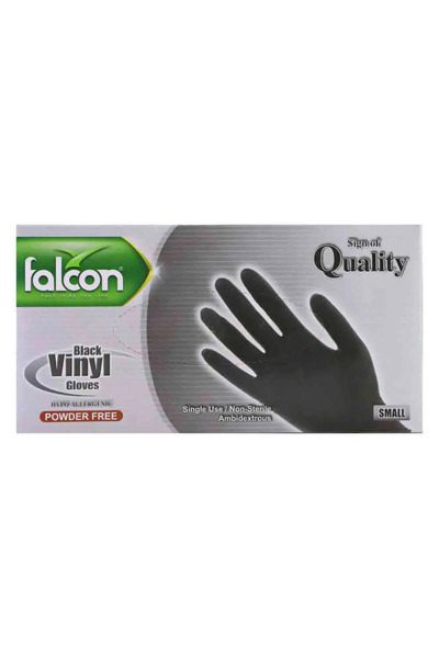 Falcon Black Vinyl Gloves, Powder Free & Single Use Gloves, Small Size - Box of 100 Gloves