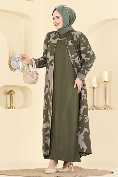 ModaMerve Desen Detaylı Elbiseli Takım 2768AYD574-MS Haki