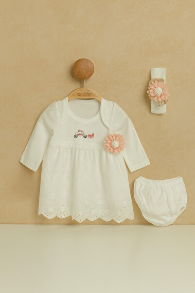 tinitins Nakışlı Çiçekli Kız Bebek Elbise 3'lü Takımı
