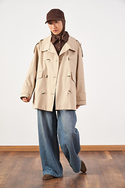 Mevra Short Oversized Trench Coat Sand Beige