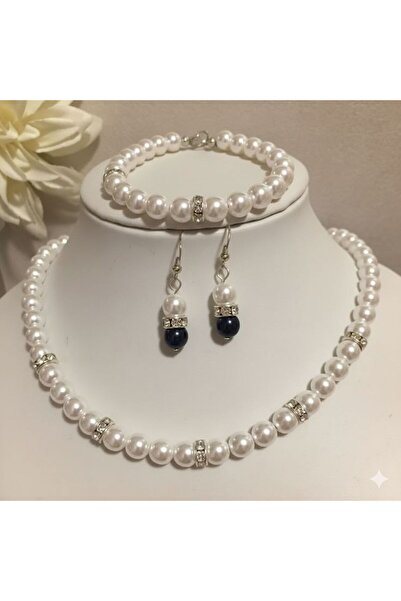 Shiklik 3'lü Taşlı İnci Kadın Detaylı Takı Seti Küpe Bileklik Kolye