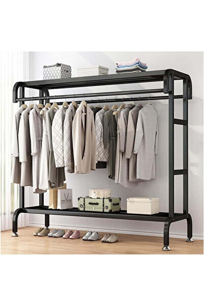 Tenzo Suport dublu metalic pentru haine cu raft superior și inferior – Suport robust pentru umerașe, negru, 145 cm