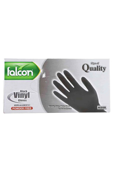 Falcon Black Vinyl Gloves, Powder Free & Single Use Gloves, Medium Size - Box of 100 Gloves