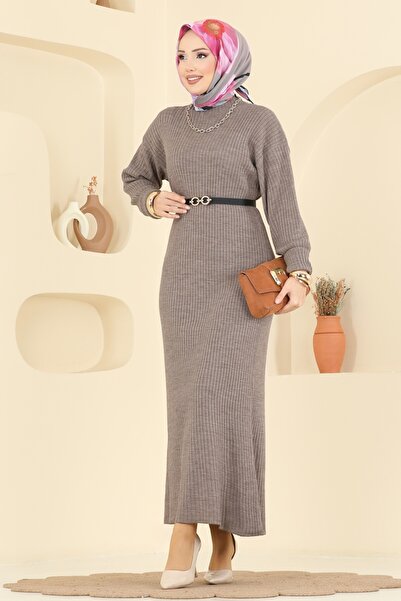 ModaMerve Kemer Detaylı Triko Elbise 2761AYD574-MS Koyu Vizyon