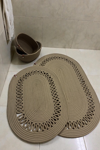 MaVaux Terra 4-Piece Bathroom Set – 2 Oval Mats & 2 Oval Baskets, Natural Rope Weaving, Handmade - Premium