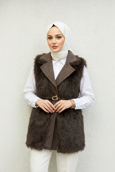 Modatuğsem Deri Kemer Detaylı Peluş Yelek Kahve