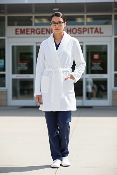 DEMOTEKS Unisex medical sweatshirt gown with pockets and drawstring at the waist, white color