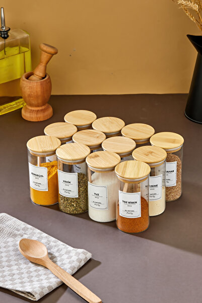 MODA OZY مجموعة من 12 وعاء تخزين توابل من الزجاج البوروسيليكات مع أغطية مفرغة...