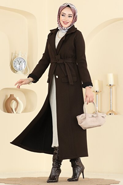 ModaMerve Düğme Detaylı Kaşe Kaban 6666YG95-MS Acı Kahve