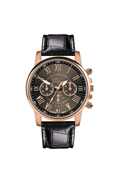 CRM Ceas unisex elegant cu cadran negru și accente aurii, curea din imitație de piele neagră, mecanism cu quartz