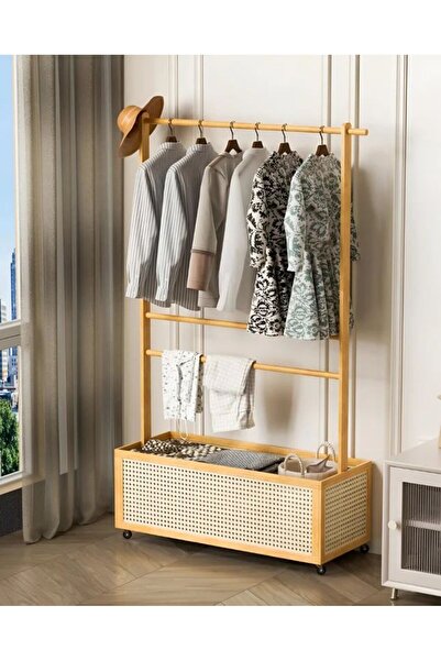 Bin Shihon علاقة ملابس من الخيزران مع سلة غسيل سفلية انيقة مع عجلات