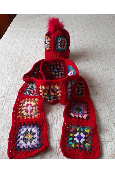 cafemtırakhobievi KIRMIZI MOTİFLİ ATKI-BERE TAKIMI