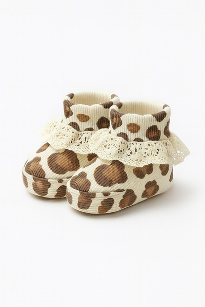 Polpuf Ribbed Flexible Leopard Patterned Baby Booties with Lace Detail