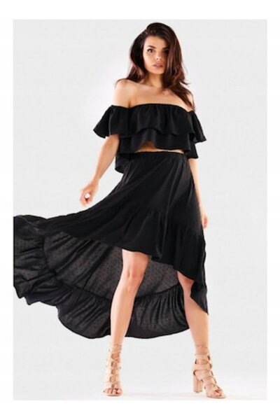 Awama Asymmetric Flared Skirt, Polyester, Black, L-XL