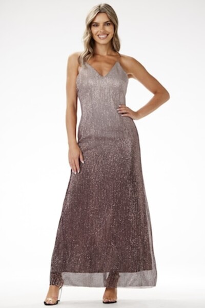 Awama - Maxi dress with sequins, ombre effect, brown, knit with satin lining