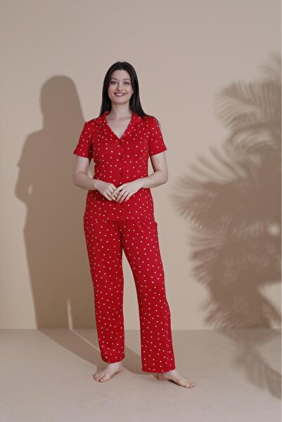 FİT WOMEN PAMUKLU YILDIZ DESENLİ DÜĞMELİ KISA KOLLU PİJAMA TAKIMI 11100