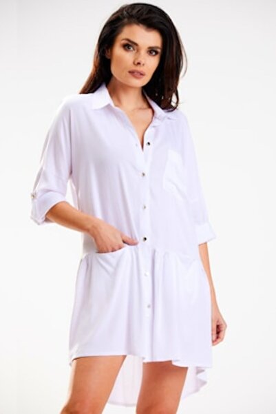 Awama - Short Asymmetric Long Sleeve Dress A584, White