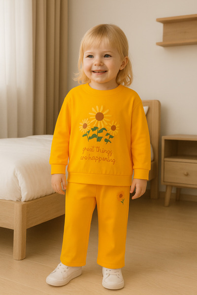 Momivi Kids Great Things Are Happening Güneş Çiçeği Baskılı %100 Pamuk Kız Be...