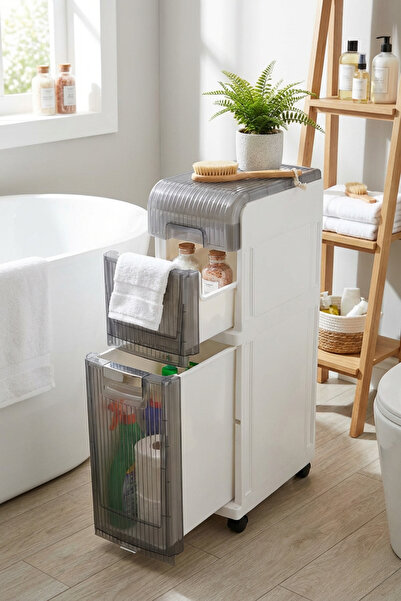 MAKRİ HOME Tekerlekli 2 Çekmeceli Dekoratif Dolap Beyaz, 21 cm × 36 cm × 74 cm