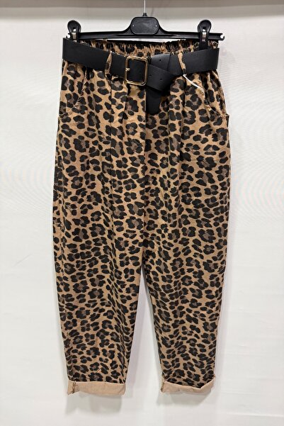 della moor Women's Camel Italian Leopard Print Loose Fit Wide Leg Carrot/Shalwar Cut Stretchy Trousers