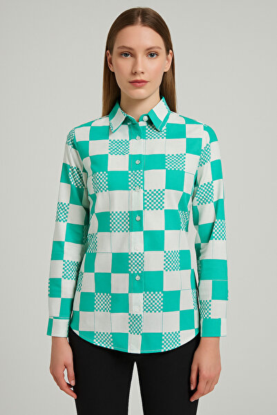 Nuevo Ženska tirkizno-bela Karirano Viskoza Tkano košulja sa dugim rukavima