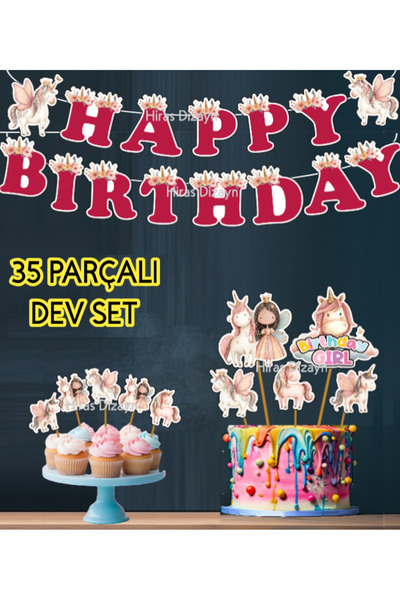 Hiras Dizayn 35 Parça Unicorn Tek Boynuzlu At Temalı Kutlama Doğum Günü Süsü ...