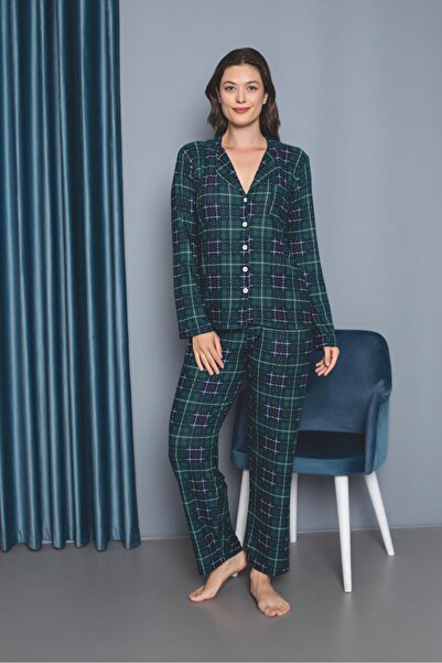 FİT WOMEN PAMUKLU ÇİZGİLİ KARE DESENLİ DÜĞMELİ UZU KOLLU PİJAMA TAKIMI 11031