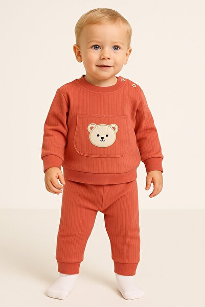 dinamik çocuk Baby Boy/Toddler Teddy Bear Embroidered Ribbed 2-Piece Set Swea...