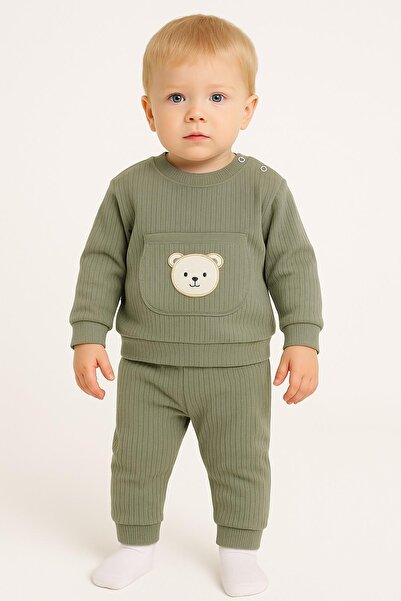 dinamik çocuk Baby Boy/Toddler Teddy Bear Embroidered Ribbed 2-Piece Set Swea...