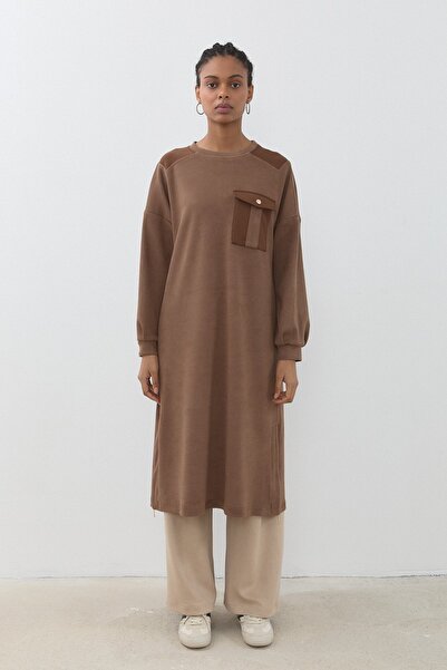 Nihan Yandan Fermuarlı Uzun Cupra Süet Tunik Vizon