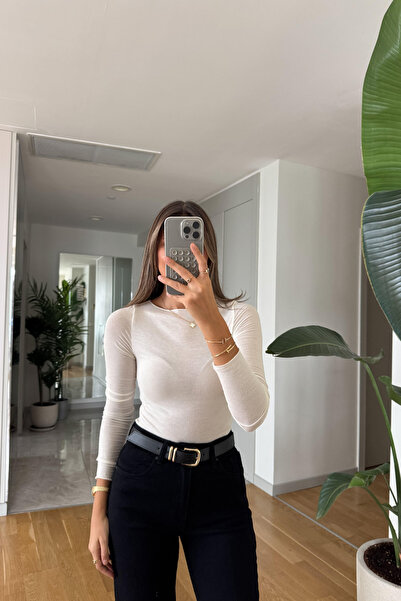 mielva Жіноча блузка з прозорим коміром кольору екрю