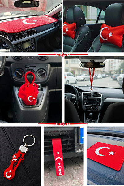 TUSBA MARKET Türk Bayraklı Ayyıldız Desenli Torpido Üstü Koruyucu Pelüş Halı & Araç Oto Aksesuar Seti