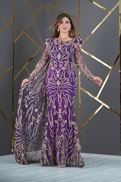 Helen Fashion Kabartma Sim Desenli Pelerinli Hafif Dekolteli Uzun Abiye