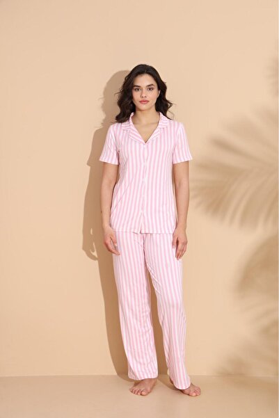 FİT WOMEN PAMUKLU DÜZ ÇİZGİ DESENLİ DÜĞMELİ KISA KOLLU PİJAMA TAKIMI 19017