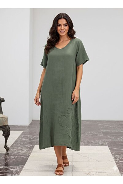 AGORATEKSTİL Women's Organic Muslin Fabric Daisy Pattern Short Sleeve Dress