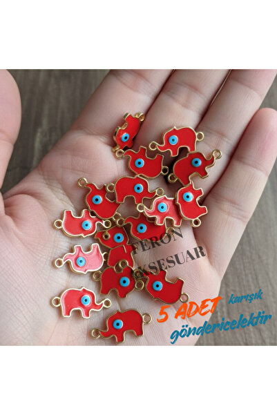 Feron Aksesuar Nazar Boncuklu Fil Kolye Ucu Charm – KIRMIZI Mineli Metal Takı...