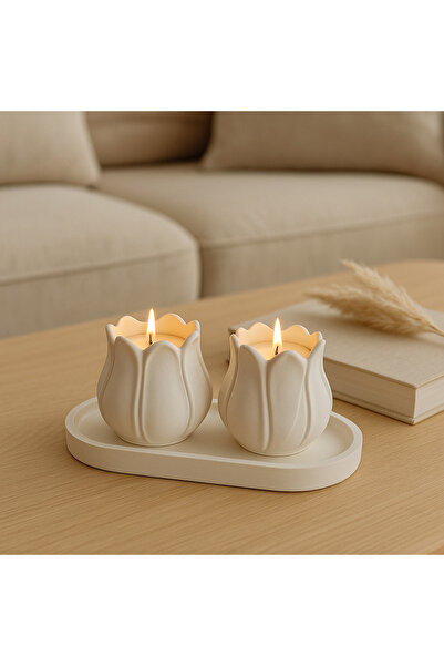 Sisay Home Lale Formlu İkili Mumluk & Oval Tepsi Seti – El Yapımı Dekoratif T...