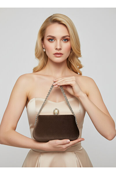 Wedding Fashion Brown Metal Chain Handle and Pearl Detailed Luxury Wavy Velve...