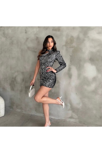 Asmil Tek Omuz Payetli Kısa Elbise
