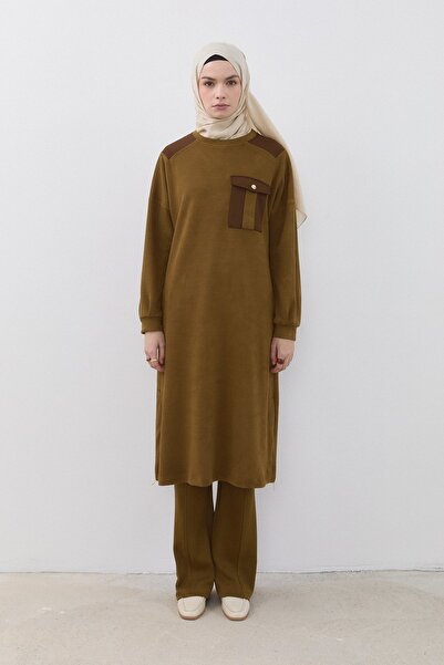 Nihan Yandan Fermuarlı Uzun Cupra Süet Tunik Olive