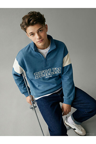 LC Waikiki Blue Mock Neck Berlin Printed Boys' Thick Sweatshirt
