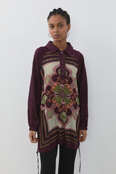 Nihan Rahat Kalıp Desenli Gömlek Tunik Bordo