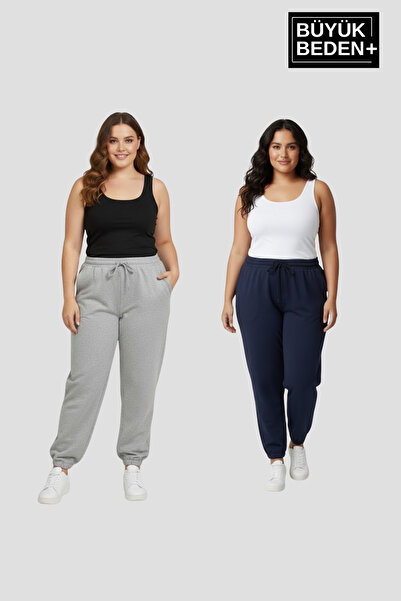 Superlife Kadın Büyük Beden İkili Jogger Paça Lastikli İnce Eşofman Altı Seti SPR26BEA951+2